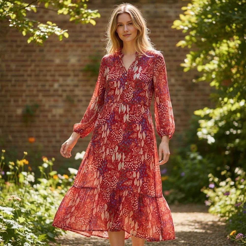 Ann Taylor LOFT Maxi Dress Women 8 Red Paisley Smocked Boho Boho Chic